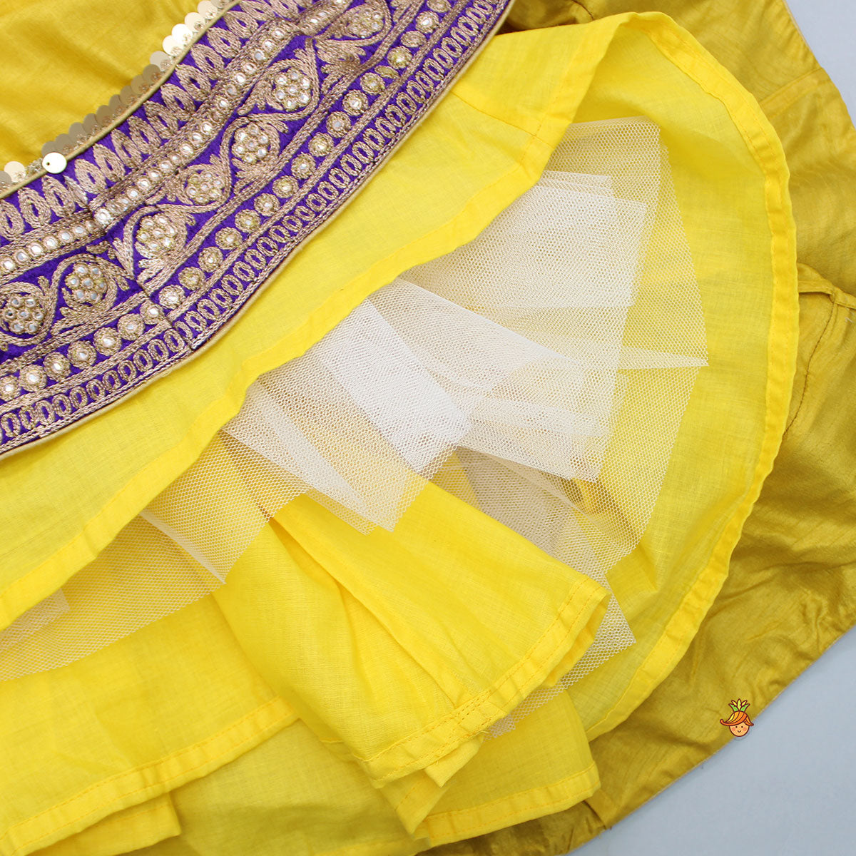 Embroidered Mustard Top And Lehenga With Fringed Net Dupatta