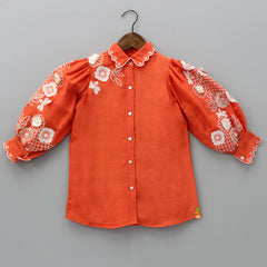 Pre Order: Front Open Embroidered Orange Top And Pant With Purse