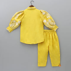 Pre Order: Front Open Embroidered Yellow Top And Pant With Purse