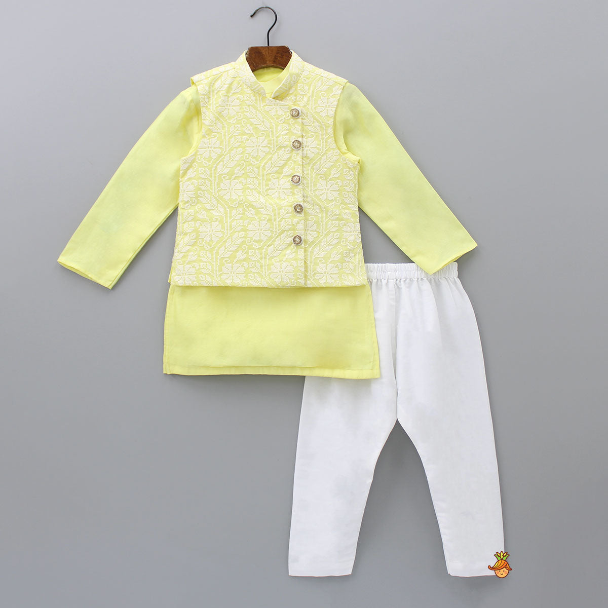 Pre Order: Yellow Ethnic Kurta With Embroidered Jacket And Pyjama