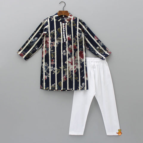 Pre Order: Loop-Buttons Detailed Floral-Printed Navy Blue Kurta And Pyjama