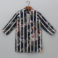 Pre Order: Loop-Buttons Detailed Floral-Printed Navy Blue Kurta And Pyjama