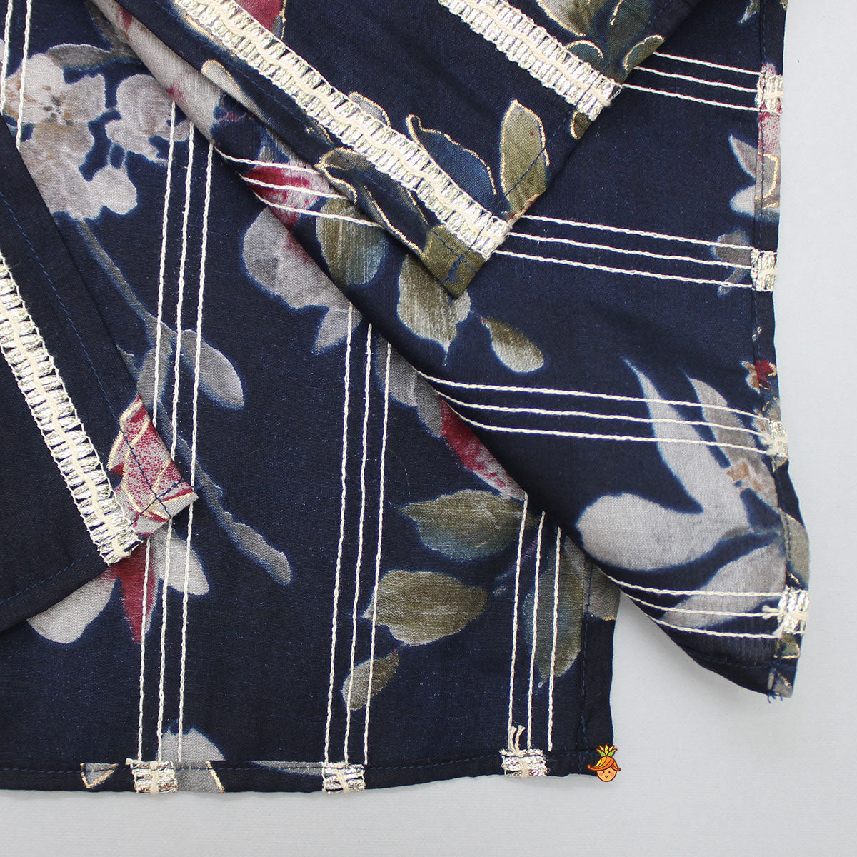 Loop-Buttons Detailed Floral-Printed Navy Blue Kurta And Pyjama
