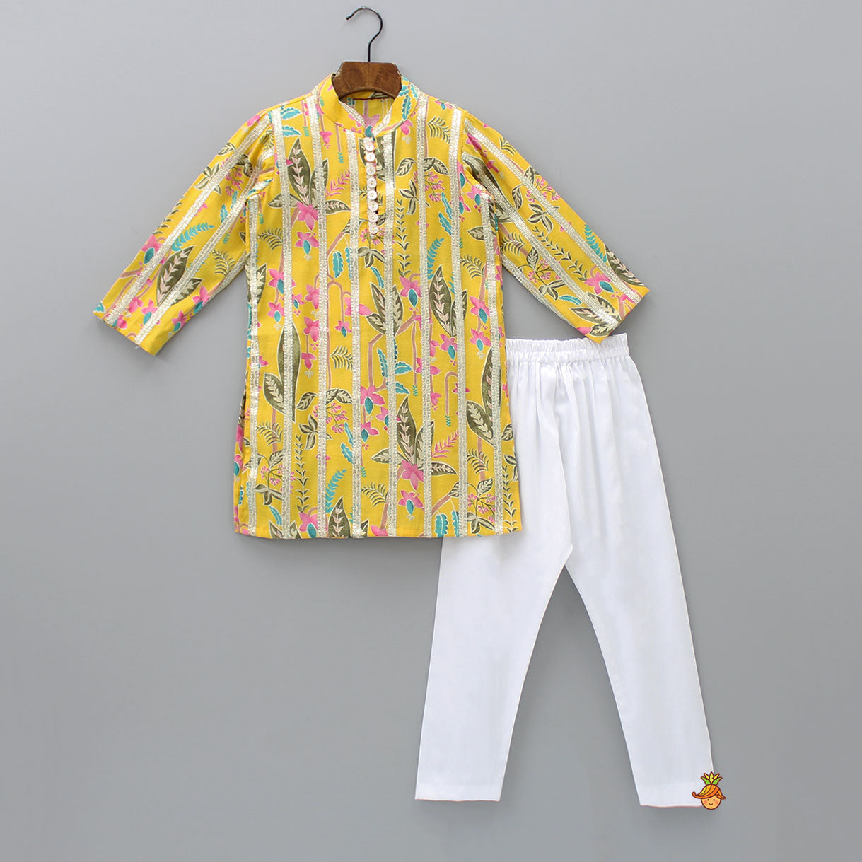 Pre Order: Loop-Buttons Detailed Floral-Printed Yellow Kurta And Pyjama