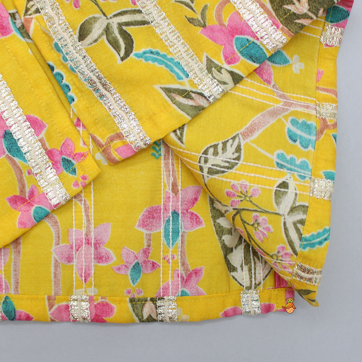 Loop-Buttons Detailed Floral-Printed Yellow Kurta And Pyjama