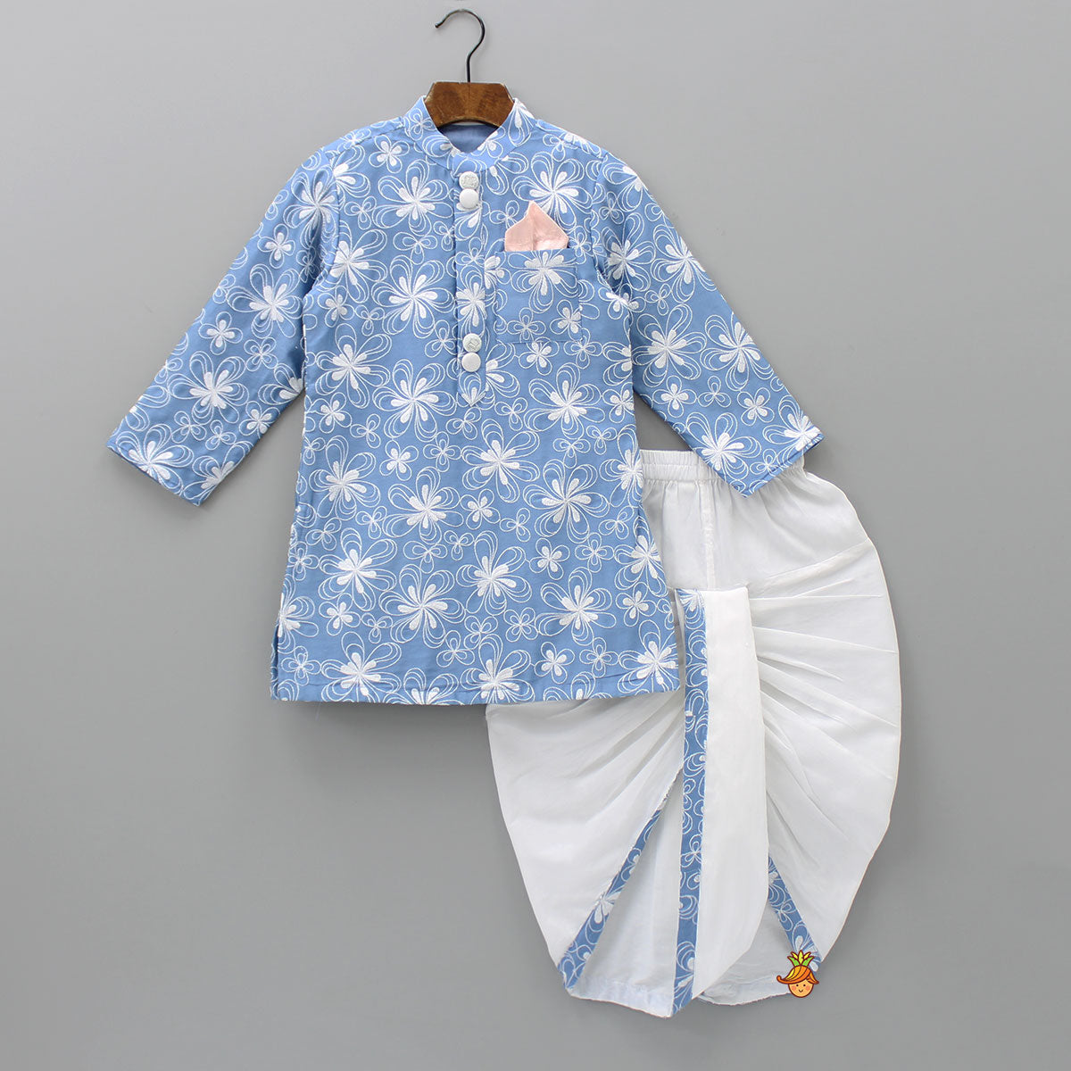 Pre Order: Pocket Square Elegant Blue Embroidered Kurta And Dhoti