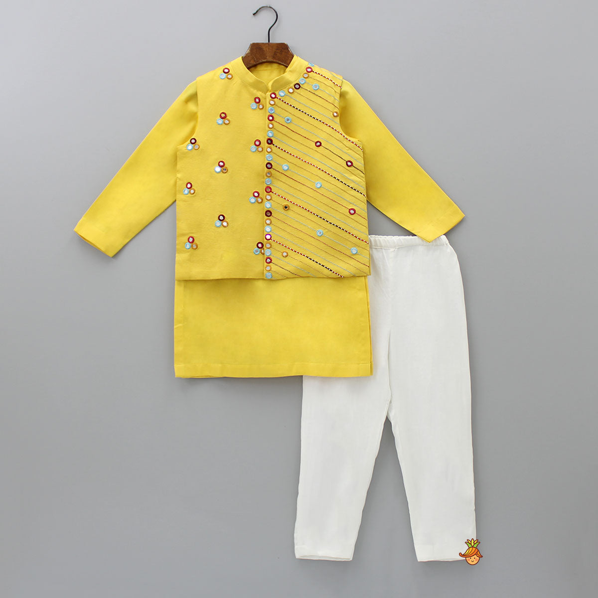 Pre Order: Mandarin Collar Kurta With Stripes Embroidered Jacket And Pyjama