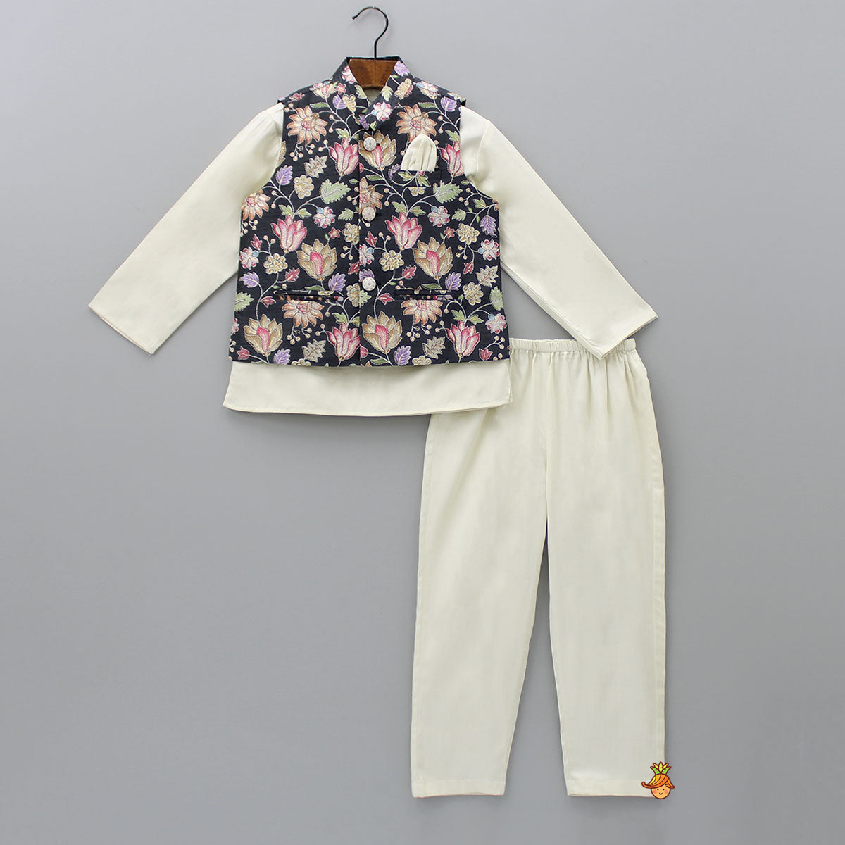 Short Kurta With Embroidered Black Jacket And Pyjama