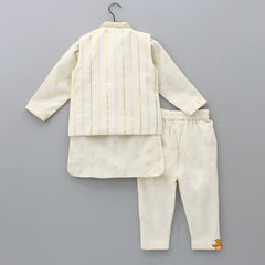 Pre Order: Off White Embroidered Cotton Kurta With Shimmery Pocket Square Jacket And Pyjama