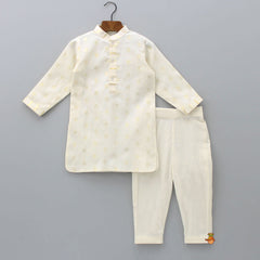 Pre Order: Off White Embroidered Cotton Kurta With Shimmery Pocket Square Jacket And Pyjama