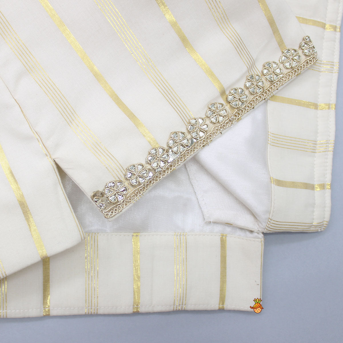 Off White Embroidered Cotton Kurta With Shimmery Pocket Square Jacket And Pyjama