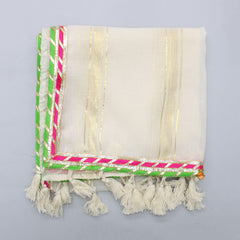 Pre Order: Striped Yoke Off-White Top And Sharara With Fringed Dupatta
