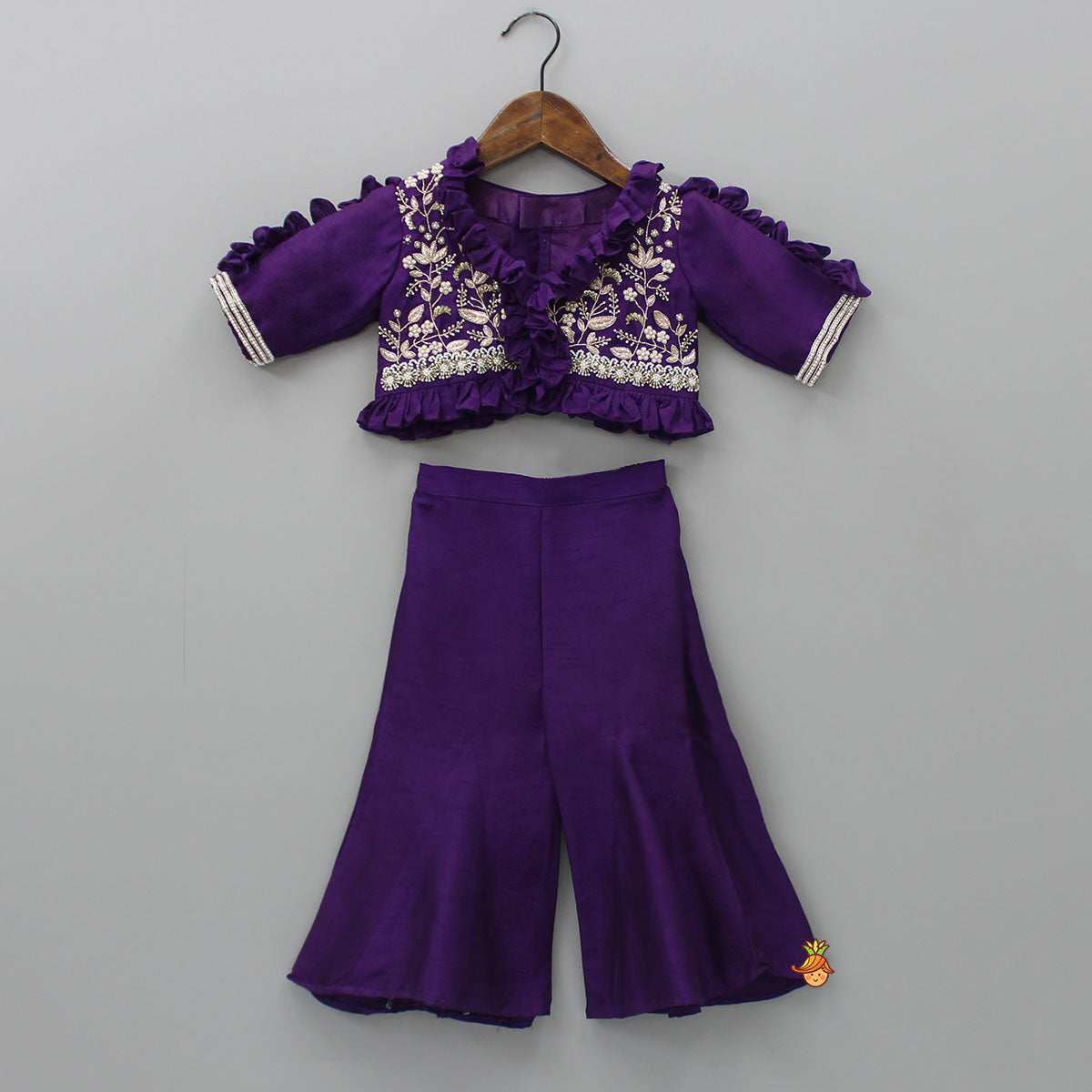 Pre Order: Embroidered Ruffle Purple Top And Palazzo