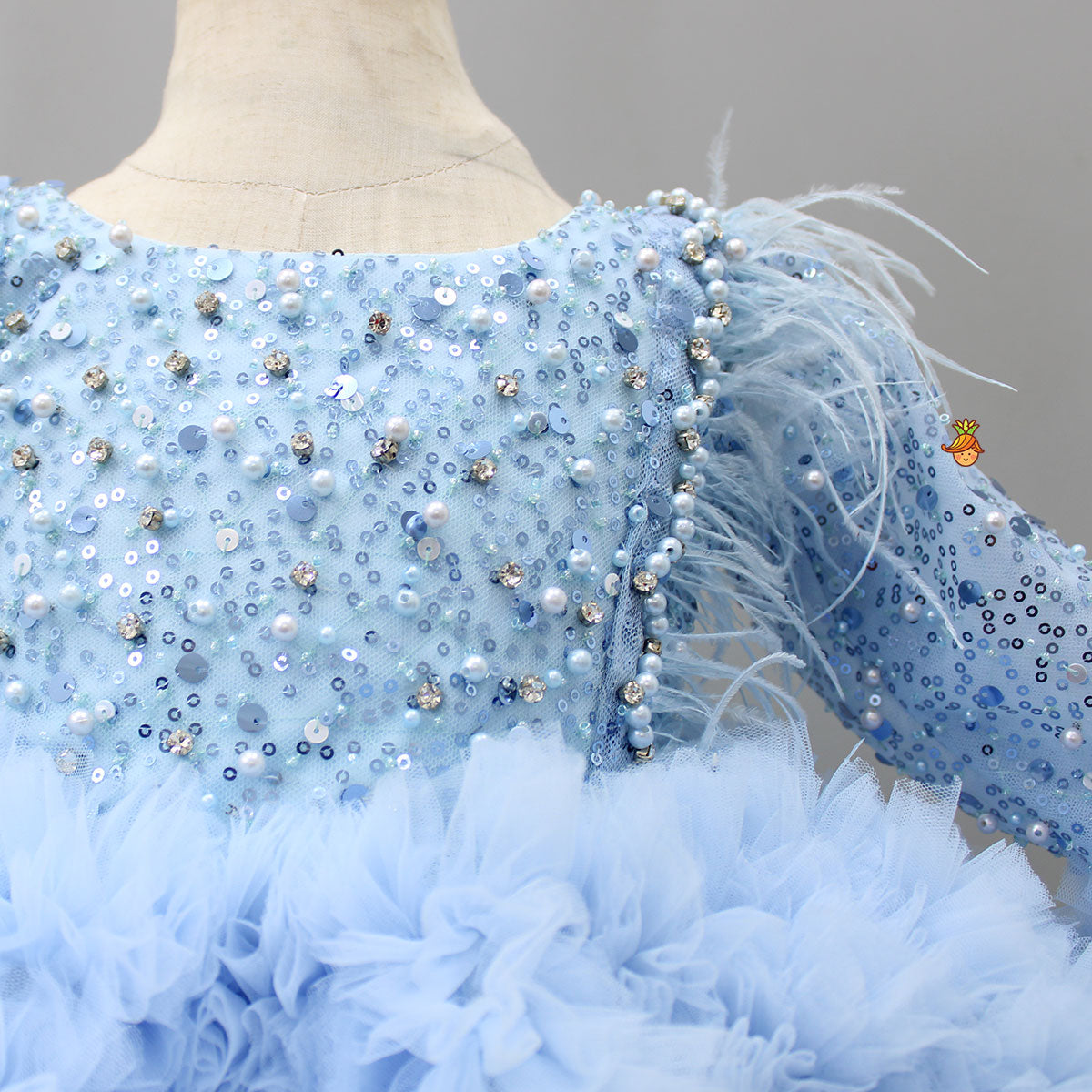 Sequins Embellished Ruffled Blue Dress With Matching Swirled Bowie Head Band