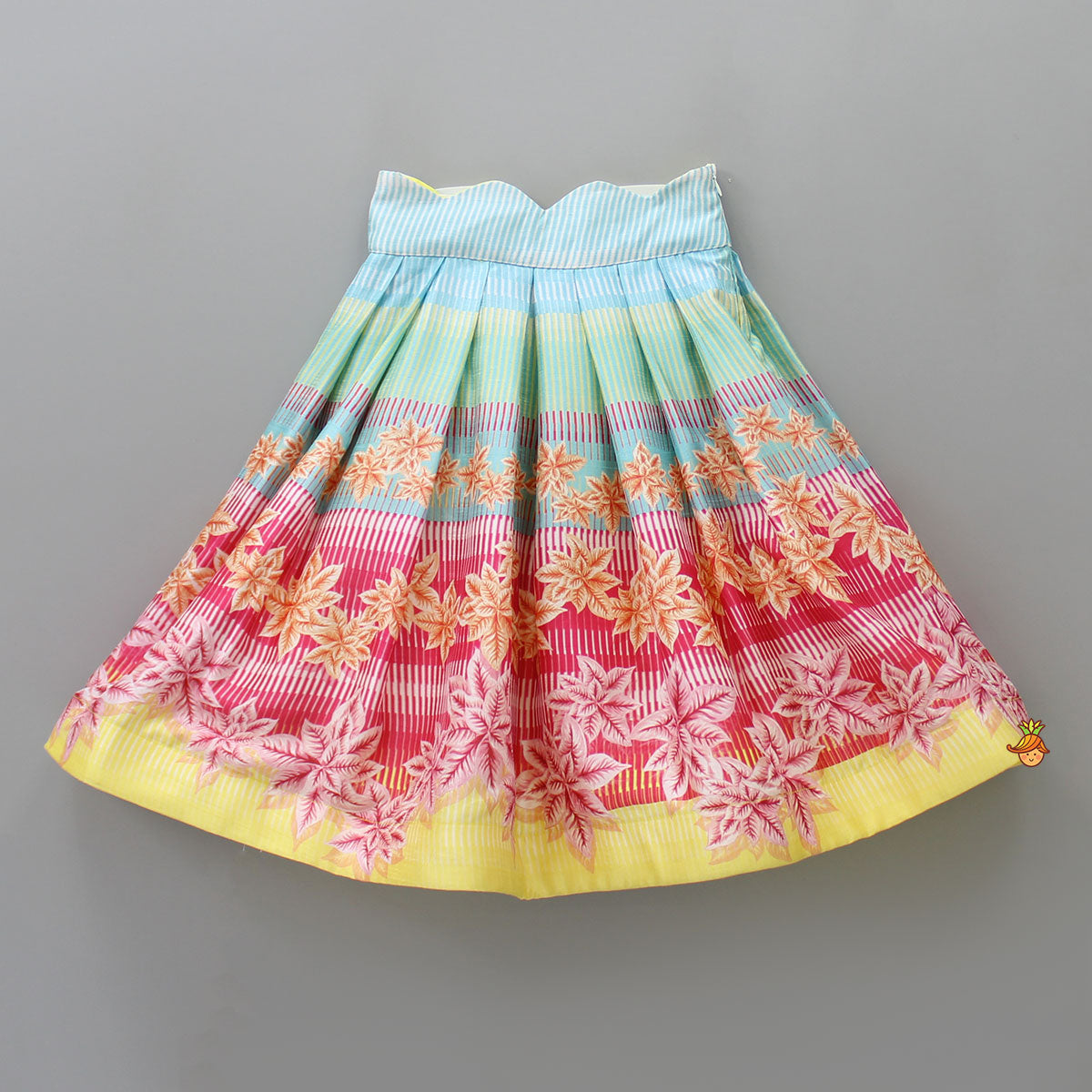Pre Order: Scalloped Neck Yellow Organza Top And Printed Lehenga With Floral Sling Bag
