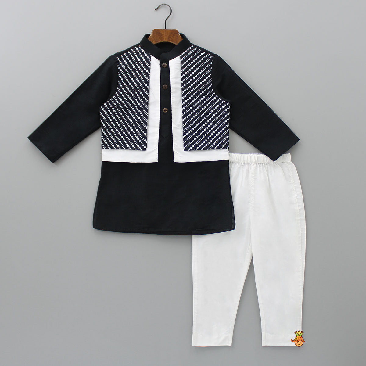 Pre Order: Dual Flap Jacket Style Black Kurta And Pyjama