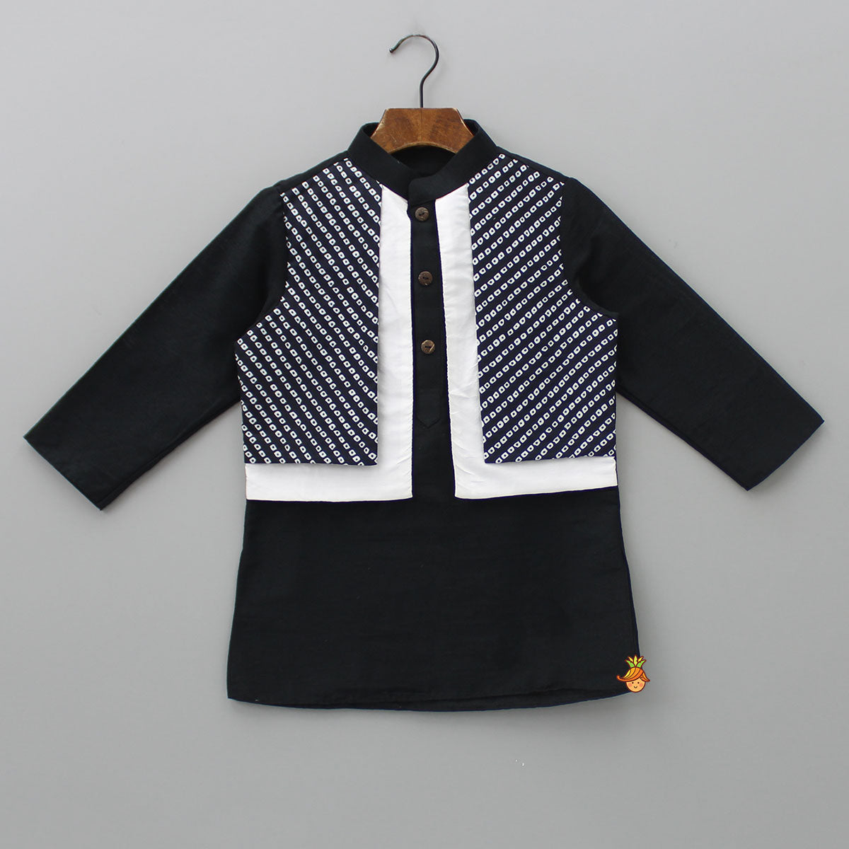 Dual Flap Jacket Style Black Kurta And Pyjama