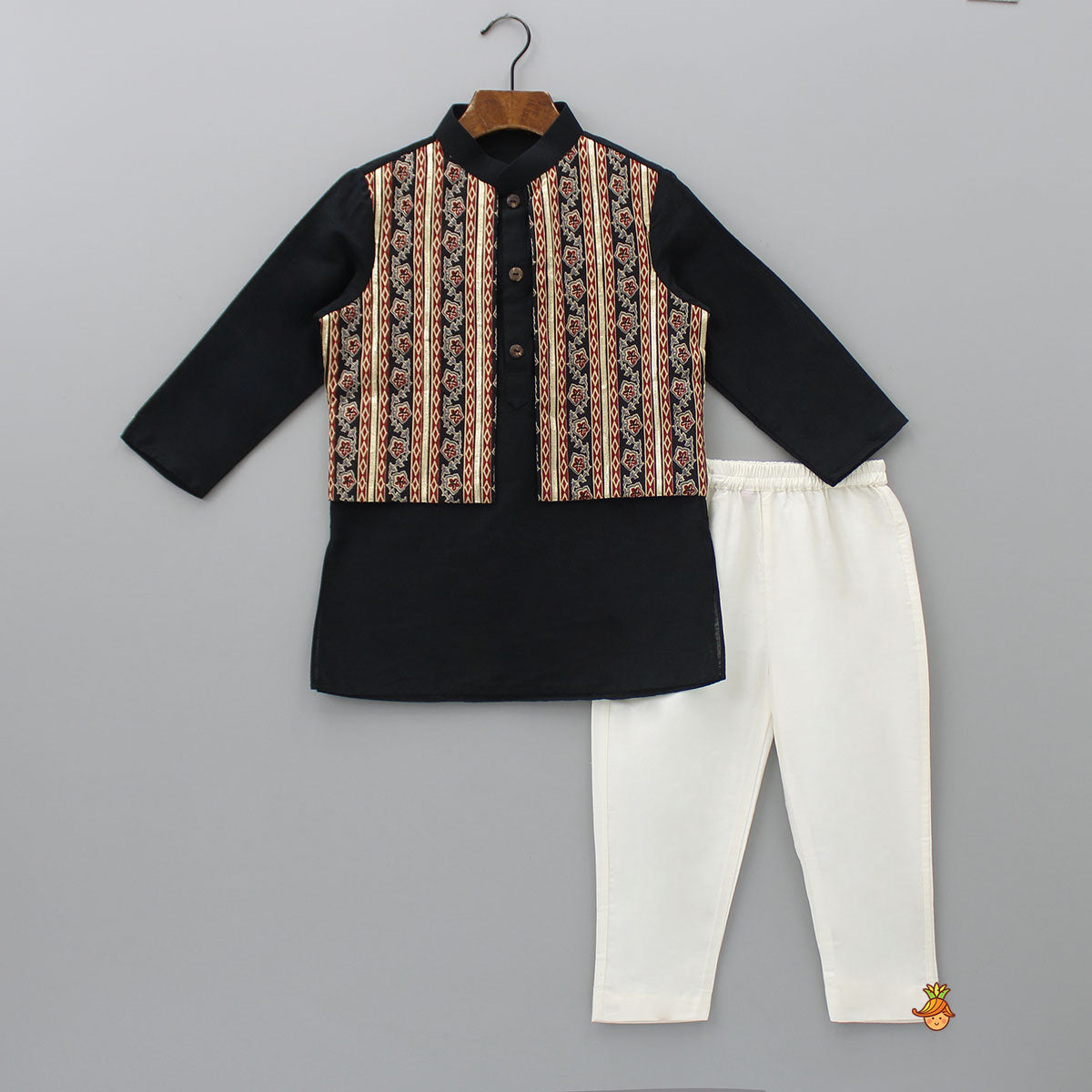 Pre Order: Gota Lace Detailed Jacket Style Black Kurta And Pyjama