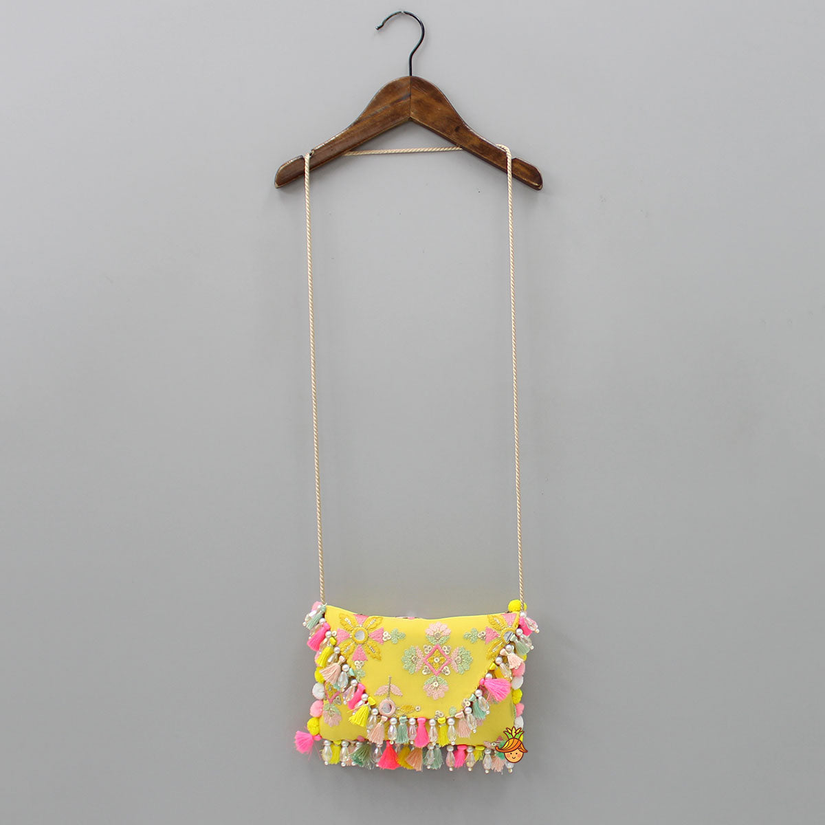 Thread Embroidered Yellow Rope Sling Bag
