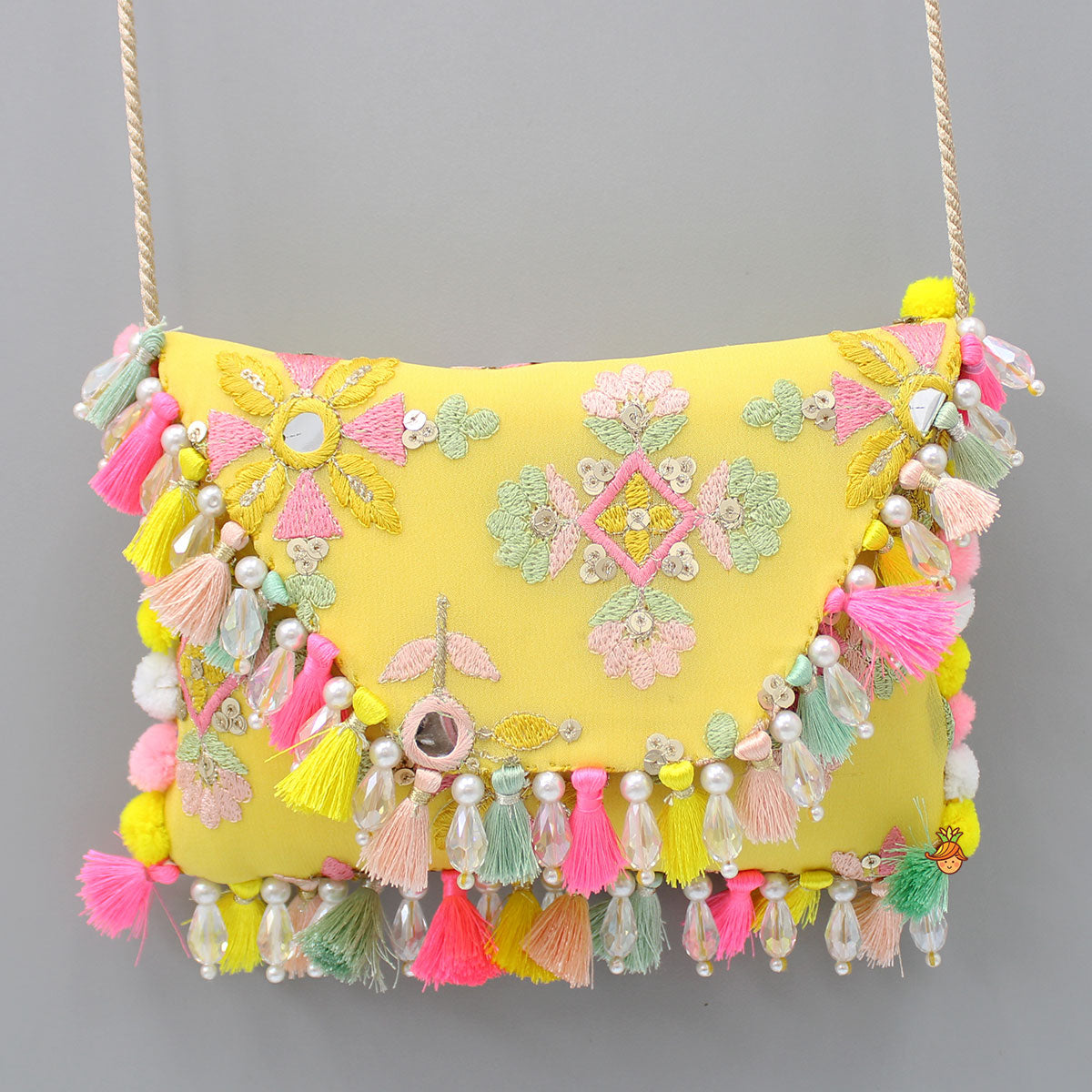 Thread Embroidered Yellow Rope Sling Bag