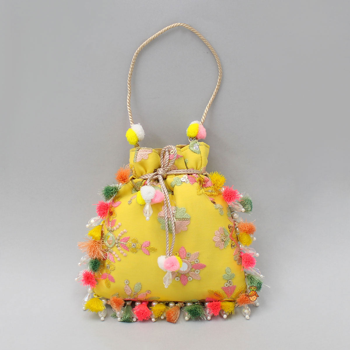 Elegant Embroidered Fringed Yellow Potli Bag