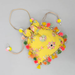 Elegant Embroidered Fringed Yellow Potli Bag