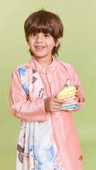 Pre Order: Peach Kurta With Attached Floral Printed Asymmetric Flap And Pyjama