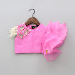 Pre Order: Pink Top With Printed Dhoti Set